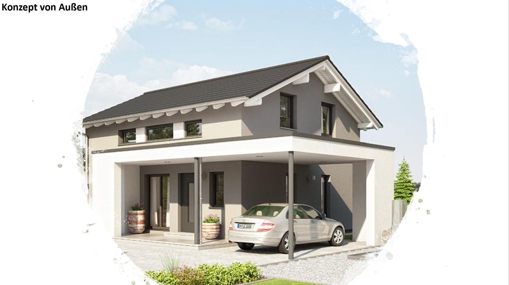 Modern two-story house with carport, parked car in front and garden plants.