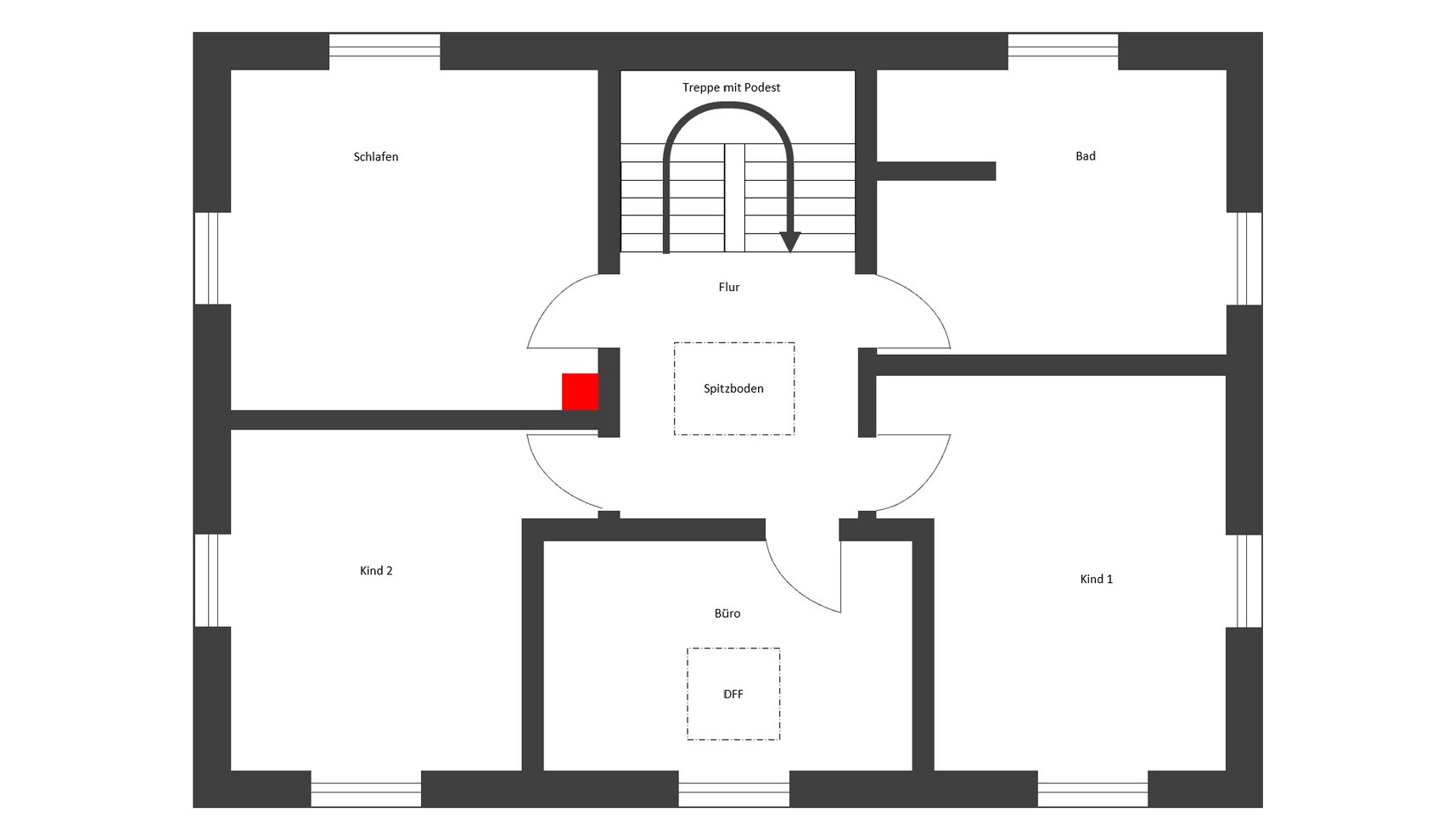 House floor plan: corridor, stairs, bedroom, bathroom, child 1, child 2, office; attic.