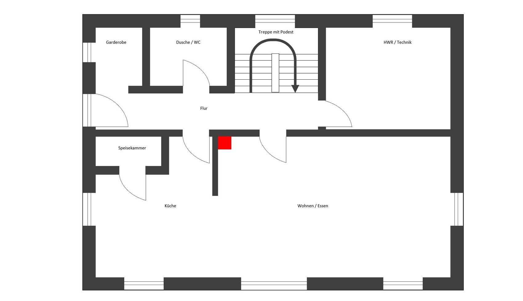 House floor plan with cloakroom, kitchen, living/dining, shower/toilet, corridor; red square.