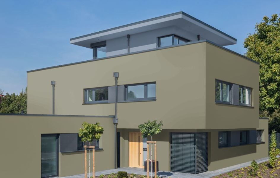 Moderne mehrstöckige Villa mit beige Fassade, flachen Dächern, Holz-Tür und großen Fenstern.