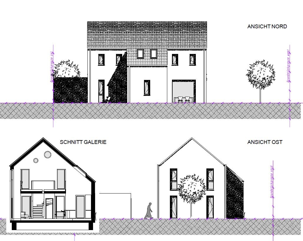 Architectural drawing: north and east elevations and gallery section of a house with a tree.