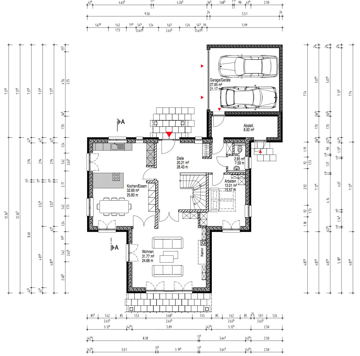 Floor plan of a house: double garage with two cars, kitchen, living area, hallway, study, WC.