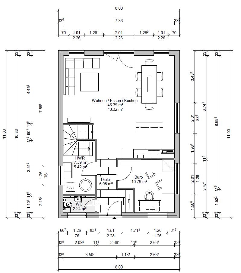 Ground floor plan: living/dining/kitchen, office, hallway, utility room, WC, stairs.