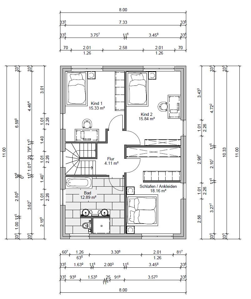 House floor plan: two children’s bedrooms, bedroom with walk-in closet, bathroom, hallway and stairs.