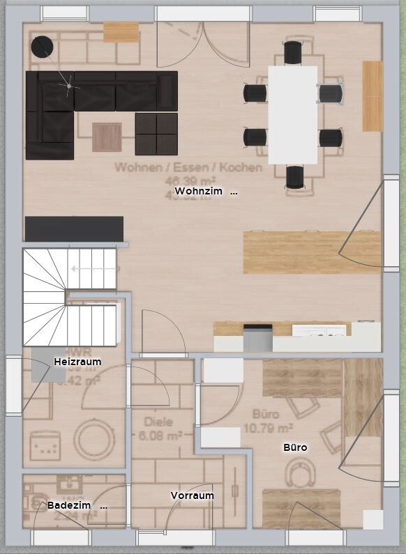 Open living and dining area with black corner sofa, dining table for 6, kitchen on the right.