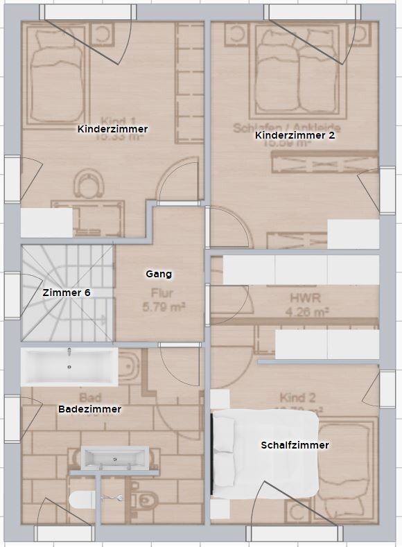 House floor plan: two children’s bedrooms, bedroom, bathroom, hallway, utility room, stairwell.