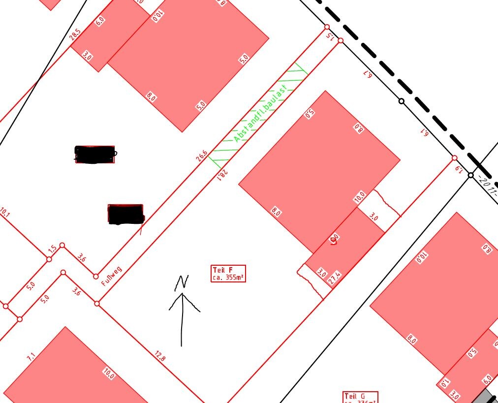 Site plan with red buildings, dimension lines, street boundary, and north arrow; section F approx. 355m² (3,820 sq ft).