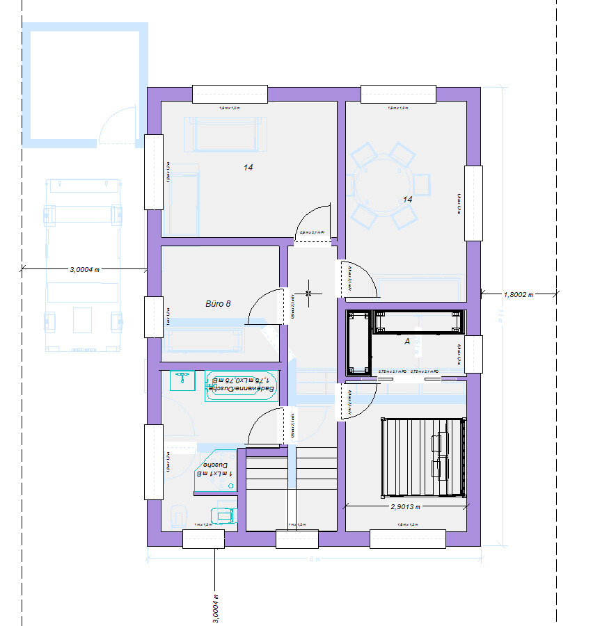 Grundriss eines Hauses mit Schlafzimmer, Büro, Bad, Küche, Treppenhaus und Möbeln.