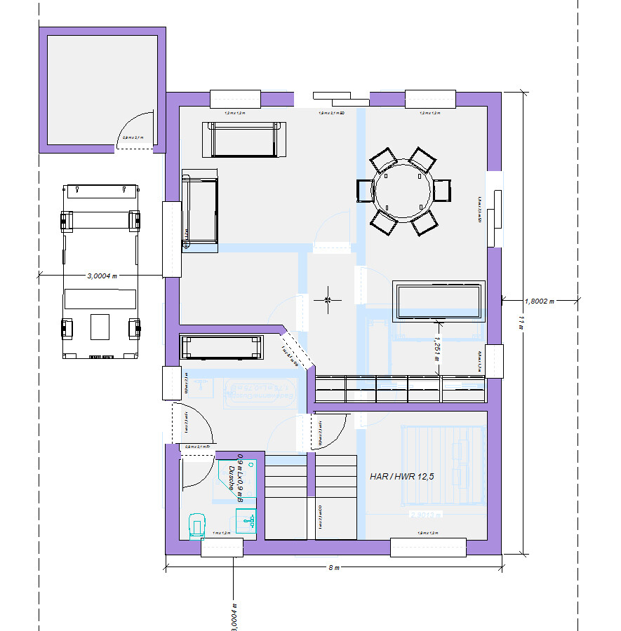 Grundriss eines Hauses: Offener Wohn- und Essbereich mit rundem Esstisch und Garage.