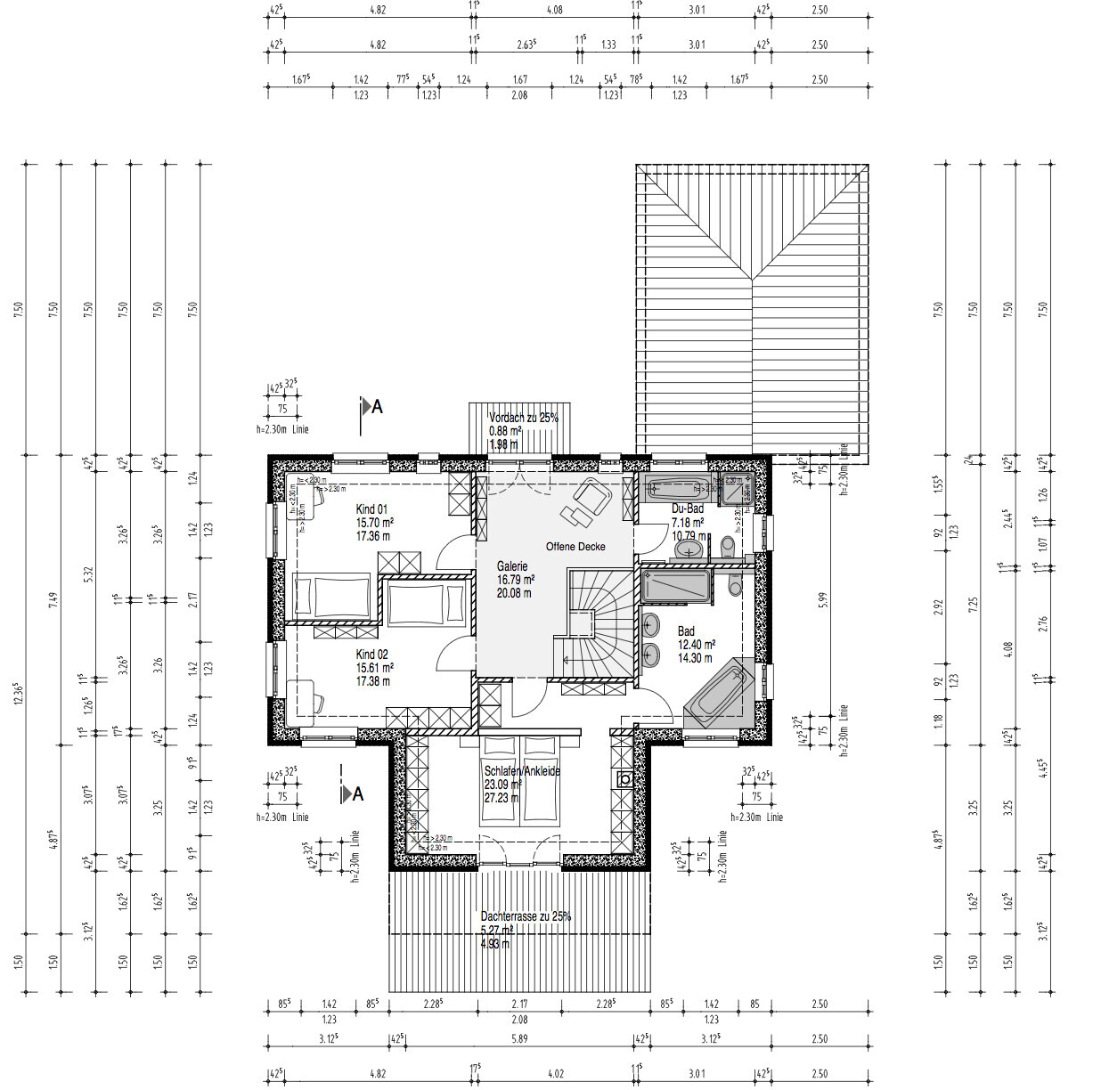 Attic floor plan with bedroom, children’s room, gallery, bathroom, walk-in closet.