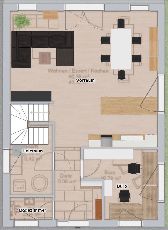 Grundriss eines offenen Wohn-, Ess- und Kochbereichs mit Büro, Vorraum und Badezimmer.