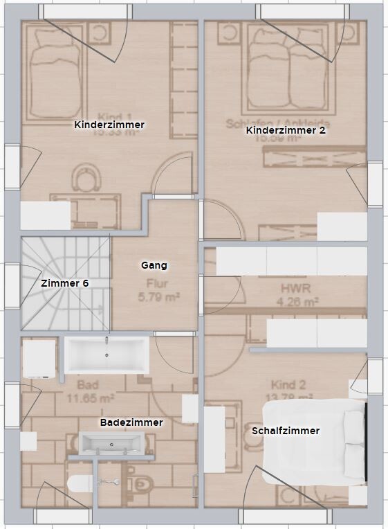 Grundriss eines Hauses mit zwei Kinderzimmern, Schlafzimmer, Badezimmer, Flur, HWR und Treppe.