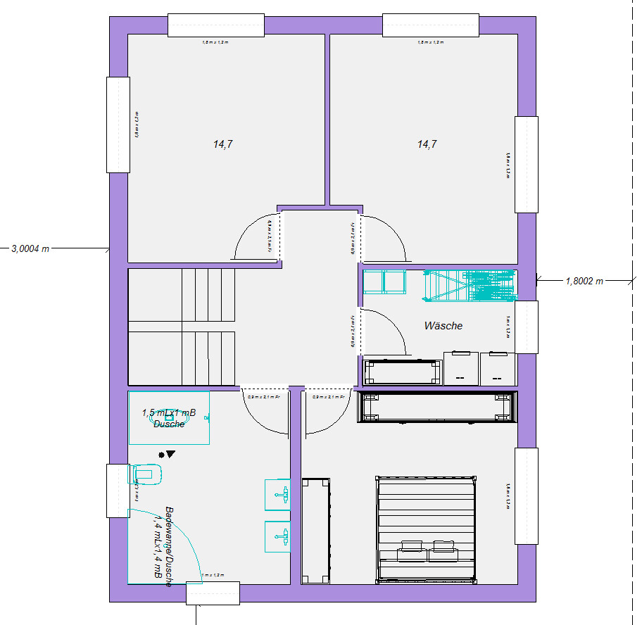 Floor plan of one level: two 14.7 m² (158 ft²) rooms, laundry room, shower, stairwell, entrance.