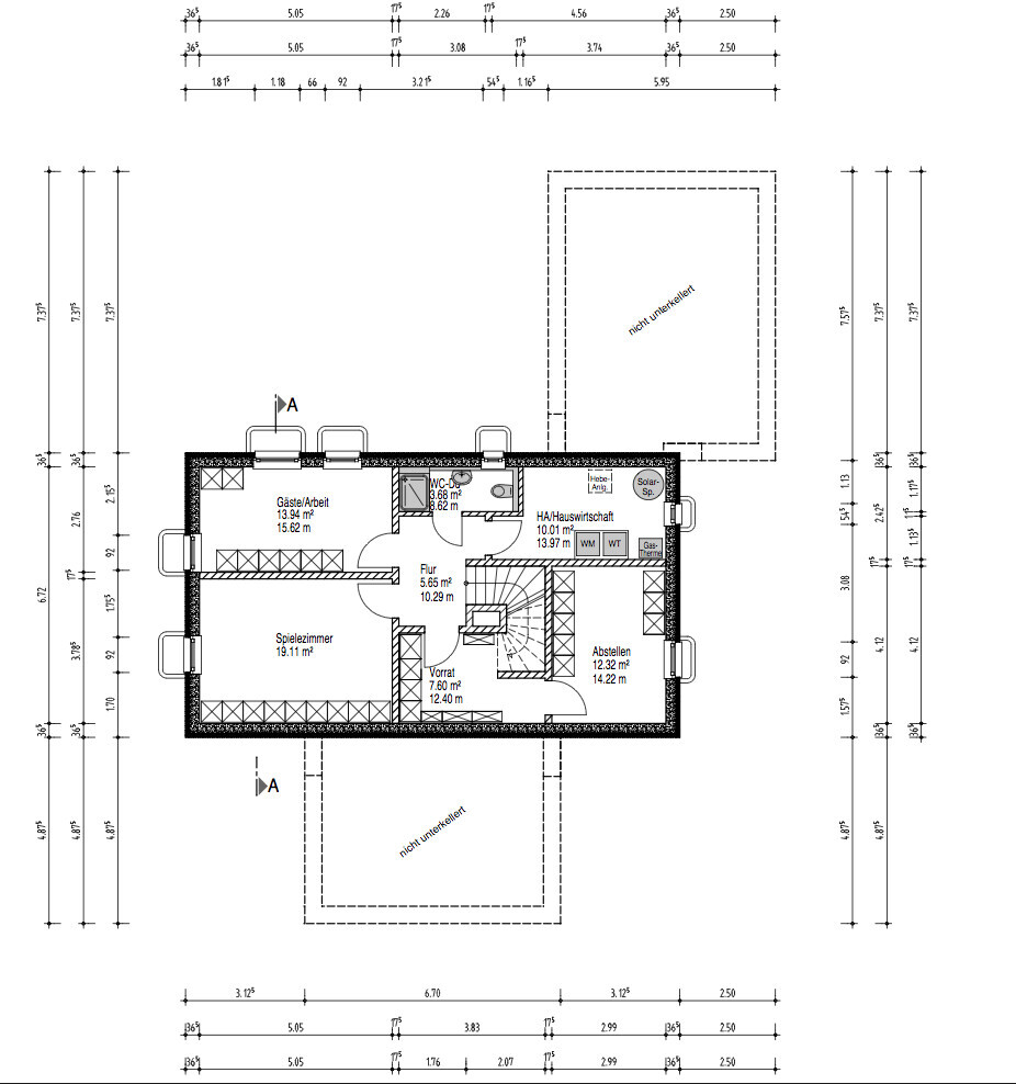 Upper floor plan with corridor, guest/workroom, playroom, storage/pantry, utility room, WC.