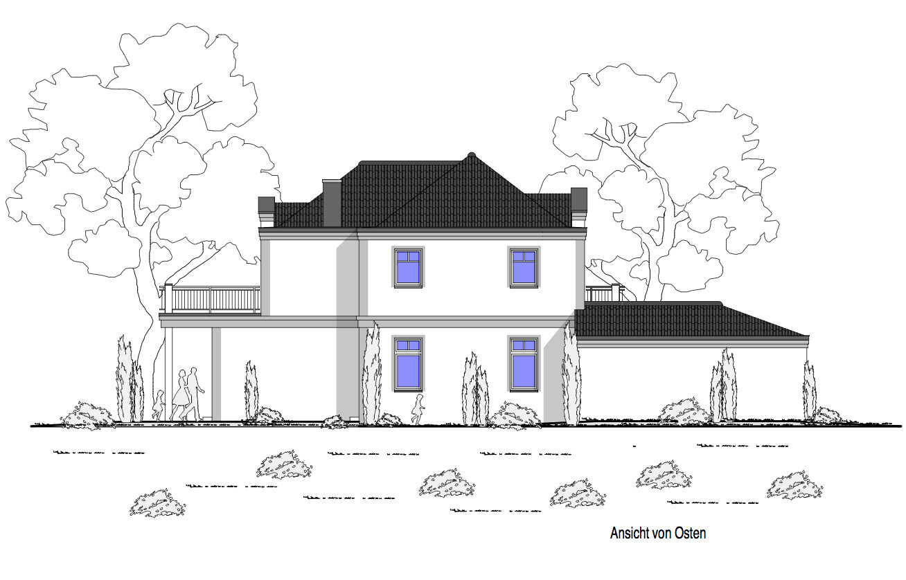 View from the east: two-story house with hipped roof, balcony, garden plants and trees.