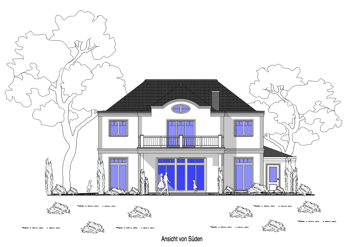View from the south of a two-story house with balcony, large windows and garden.