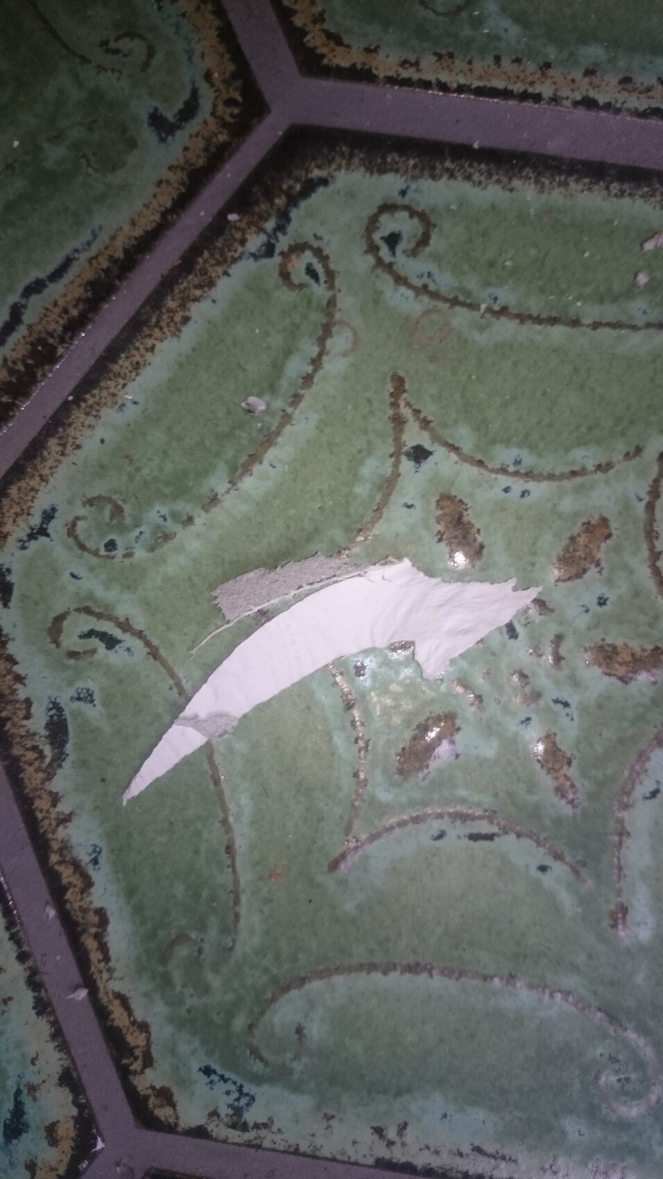 Green tile with brown spiral pattern; a broken white shard lies on it