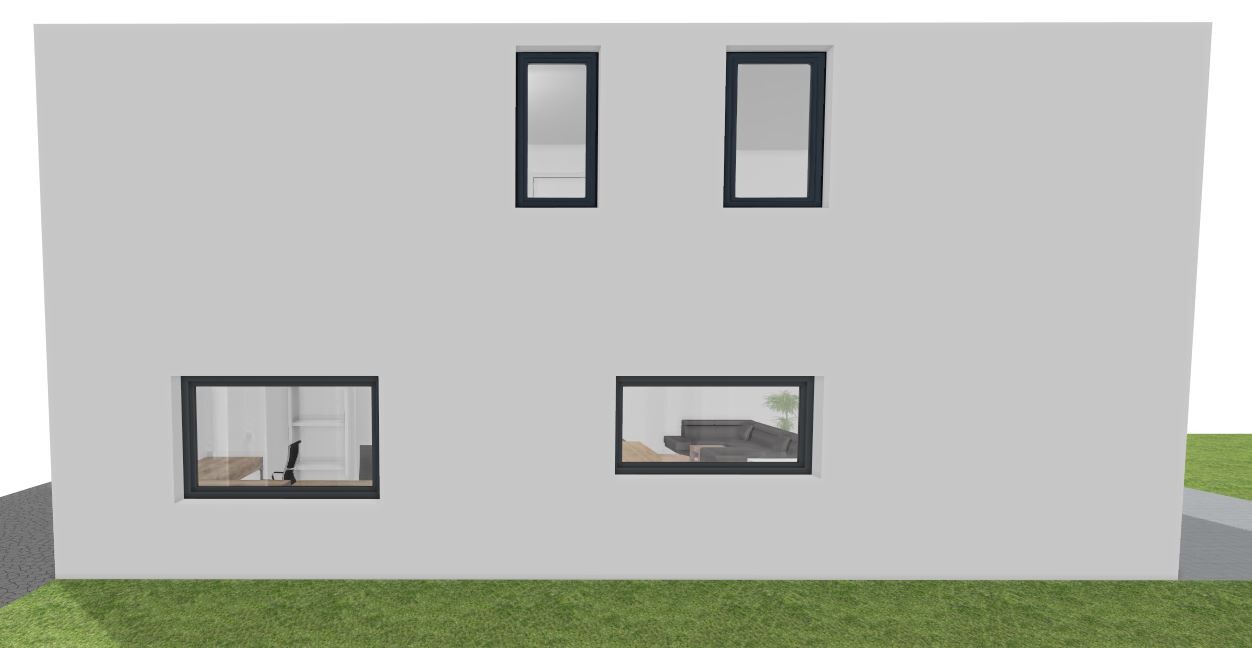 Modernes graues Haus mit vier Fenstern; Innenräume sichtbar: Büro links unten, Wohnzimmer rechts.