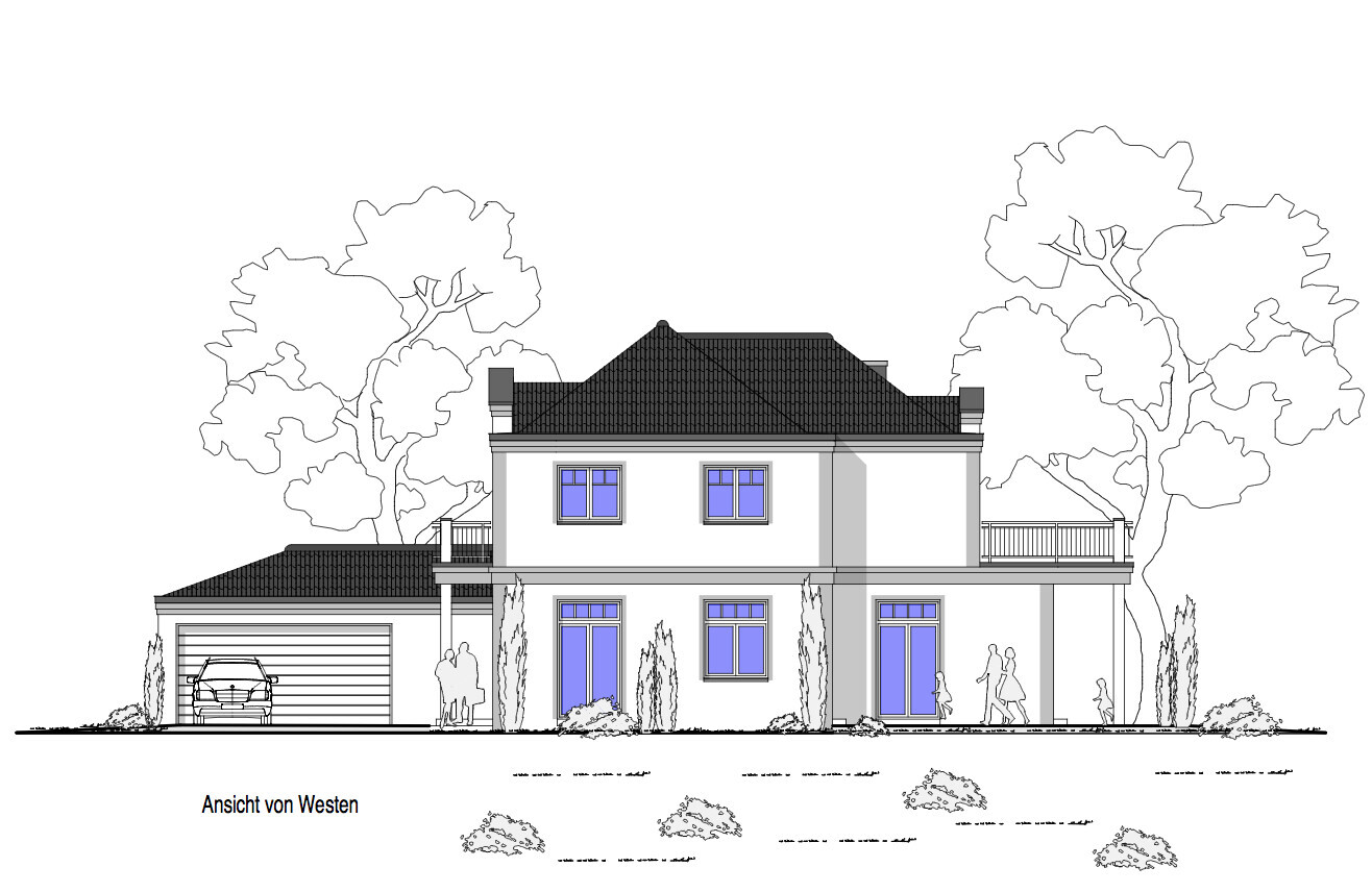 West view of a two-story house with garage, trees and people in front.