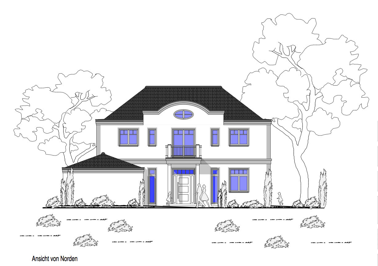 Two-story house with balcony, blue windows, garden and trees; two people standing by the door (north view).