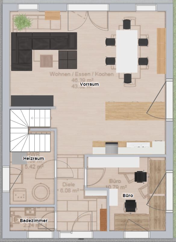 Floor plan of a house with living area, dining area, kitchen, office, and heating room