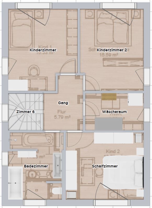 Floor plan of a single-family house with bedrooms, children’s rooms, bathroom, and laundry room
