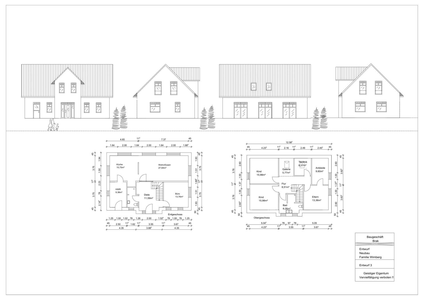 Street view with four houses; below are floor plans for ground and upper floors.