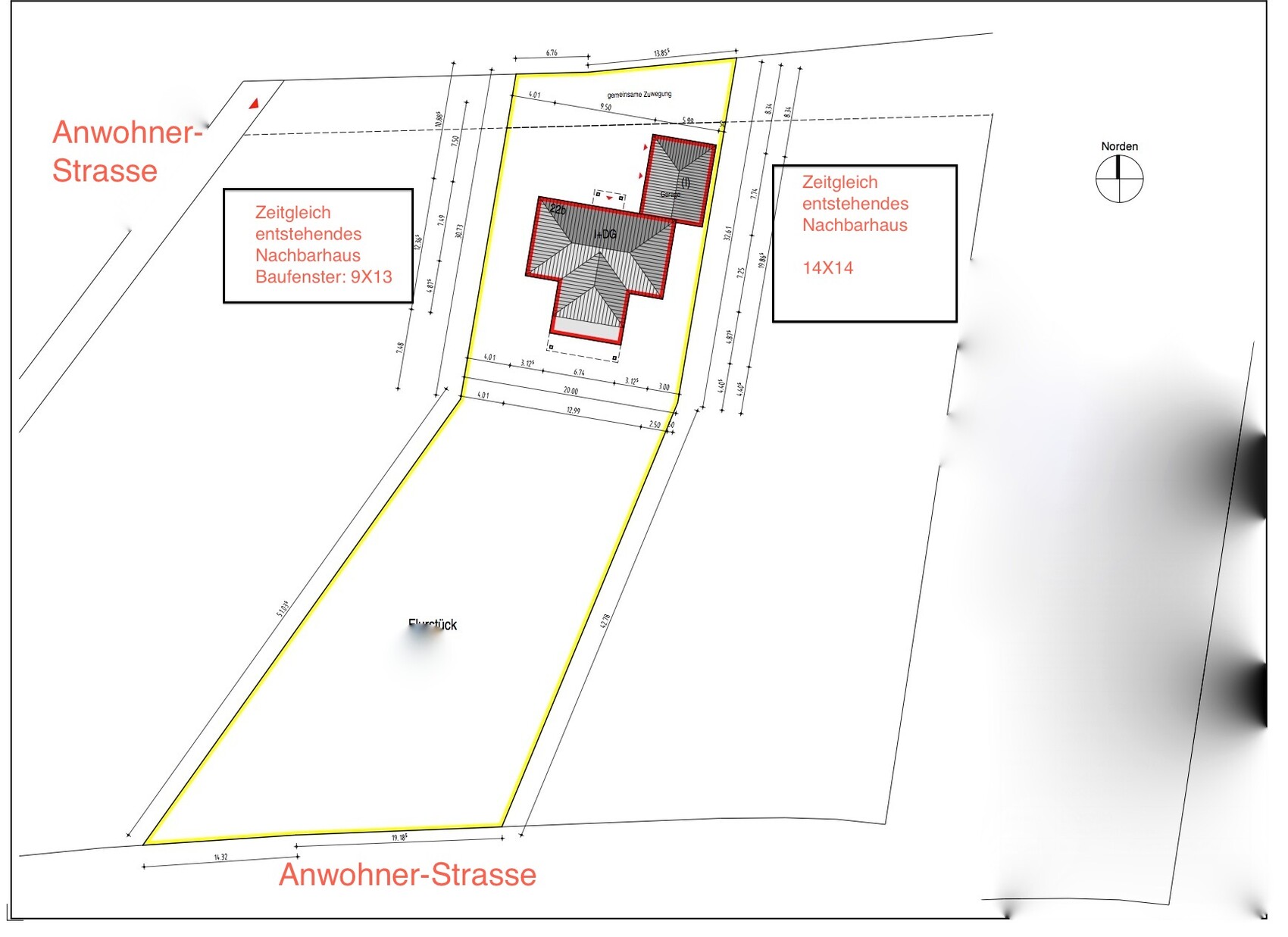 Site plan: Property with yellow outline, red building, neighboring houses, residential street