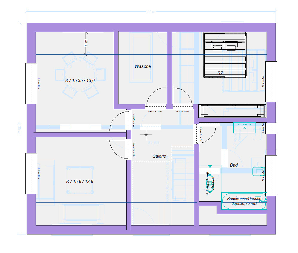 Floor plan of an apartment: kitchen/dining area, gallery, laundry, bathroom, bedroom.