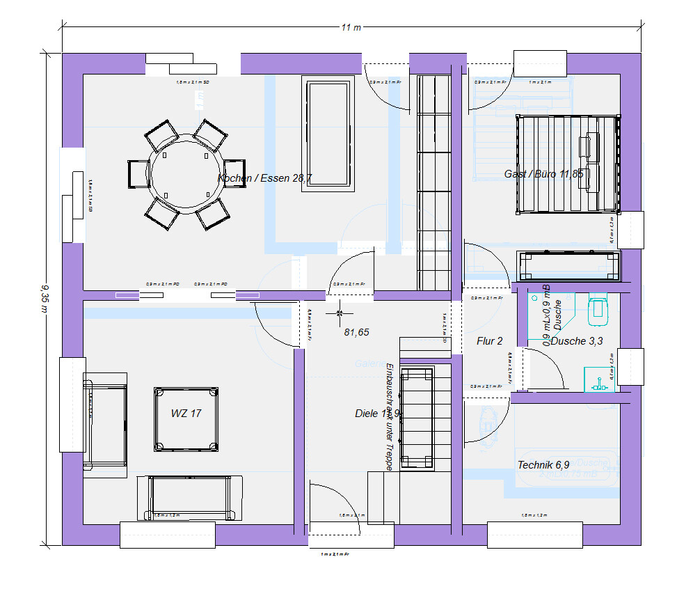 Floor plan of a house: living room on the left, dining area, kitchen, hallway, guest/office, shower, utility room.