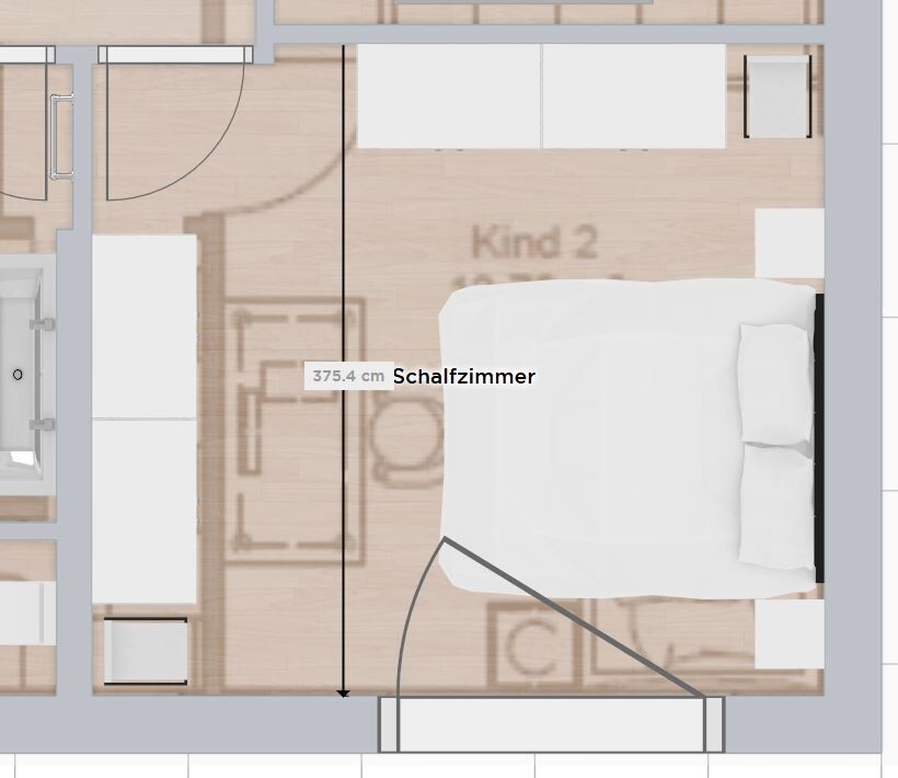 Grundriss eines Schlafzimmers mit großem Bett, Kleiderschrank und Tür.