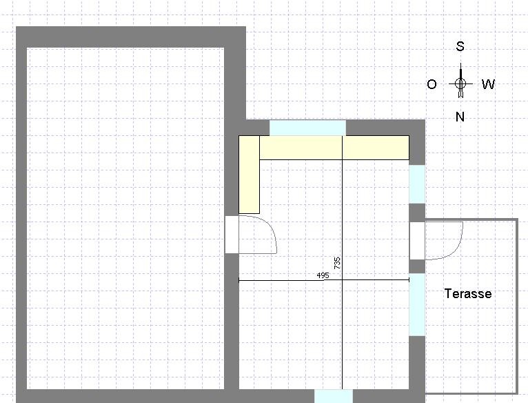 2D floor plan of a house with entrance, doors, interior rooms and terrace