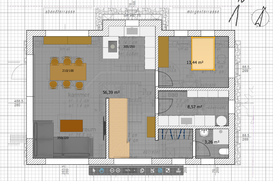 House floor plan with open kitchen, dining area, living room, and bathroom