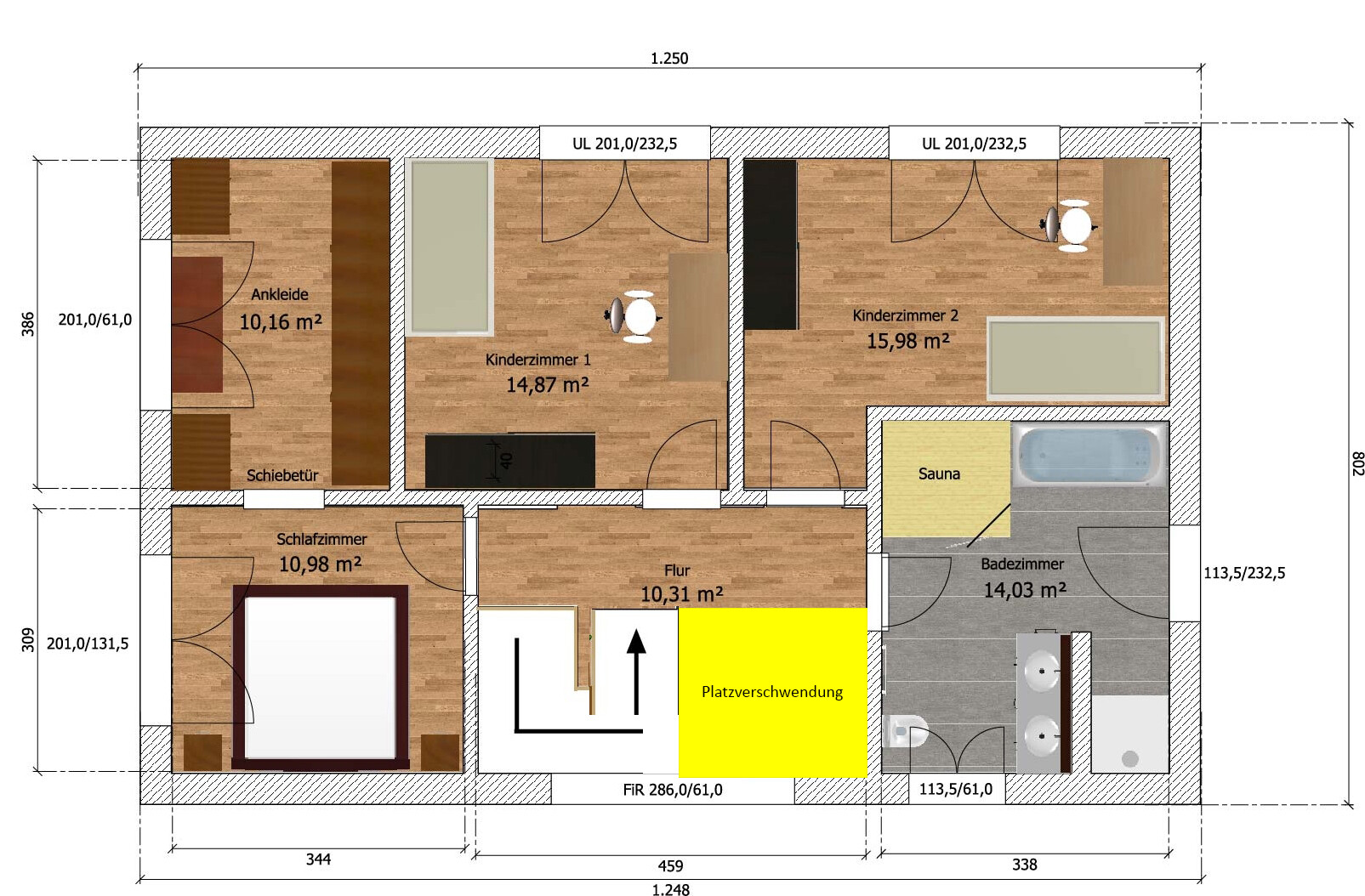 2D floor plan of a house with bedrooms, children’s rooms, hallways, bathroom, and sauna