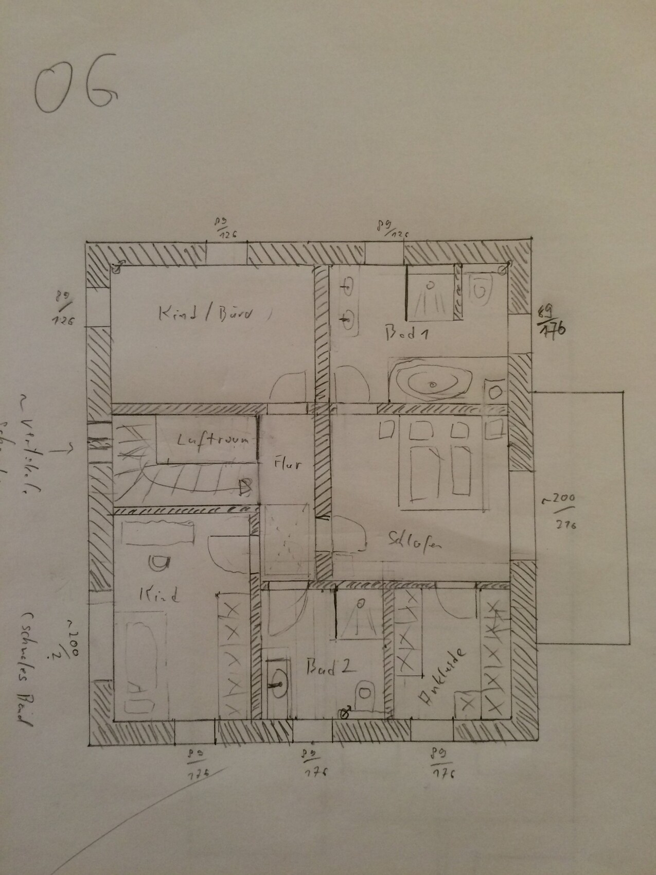 Hand-drawn floor plan sketch of a house with rooms, hallway, and bathroom.