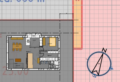 2D floor plan of a house with kitchen, dining area, living room, and bathroom, next to a compass.