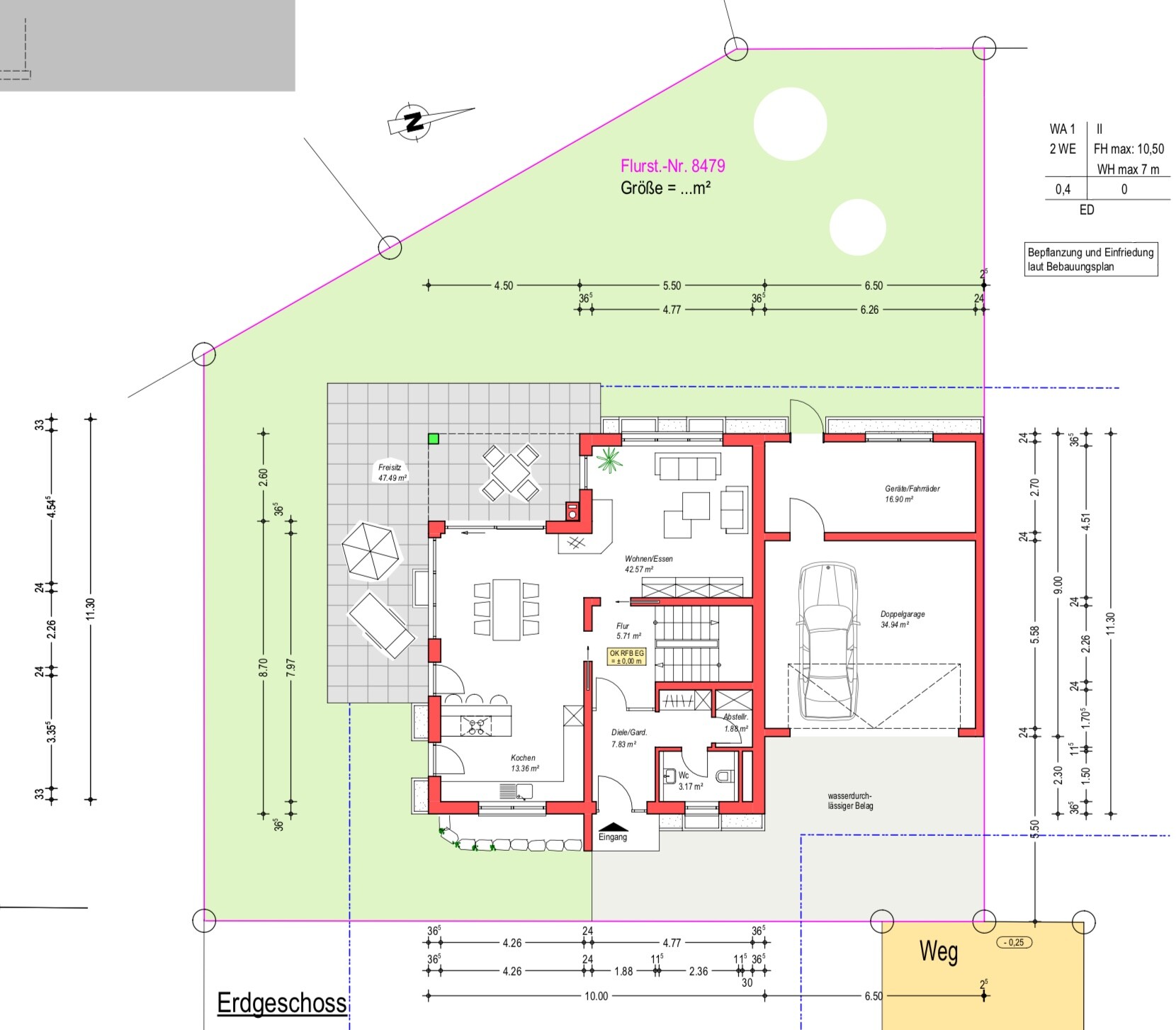 Ground floor plan of a house: living room, kitchen, hallway, garage and garden.