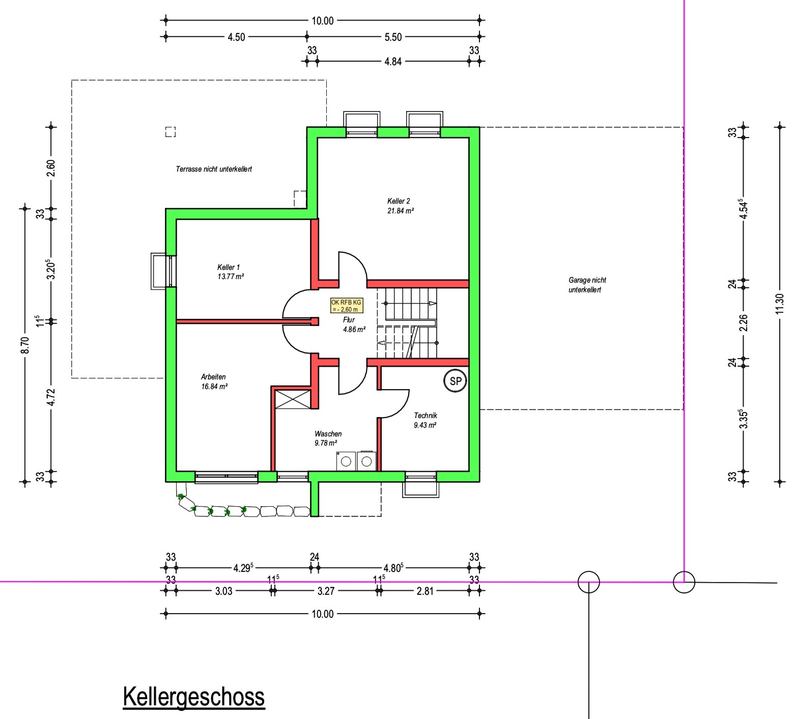 Basement floor plan with cellar 1, cellar 2, workroom, laundry, technical room, hallway; stairs included.