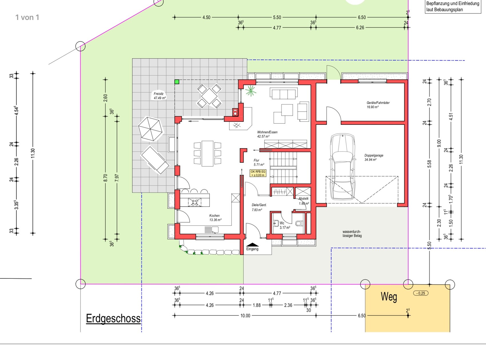 Ground floor plan: kitchen, living/dining, hallway, WC, storage, garage, covered seating area.