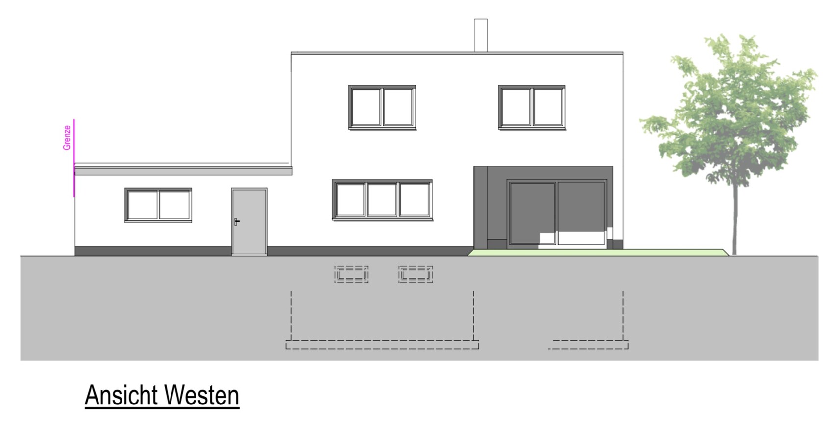 West view of a modern house: entrance on the left, dark extension/garage on the right, tree.