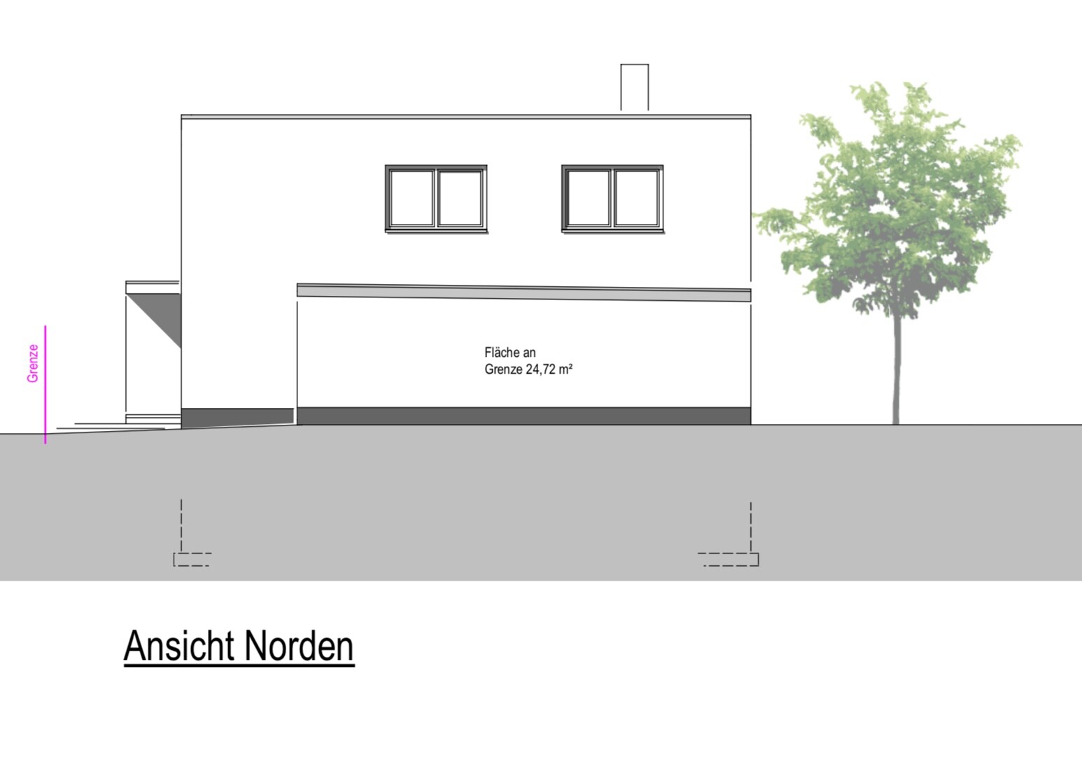 North view: modern two-story house with garage, tree on the right, label area 24.72m² (266 sq ft).