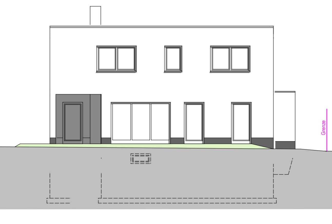 Two-story modern house seen from the street side; gray entrance, large windows, green front garden.