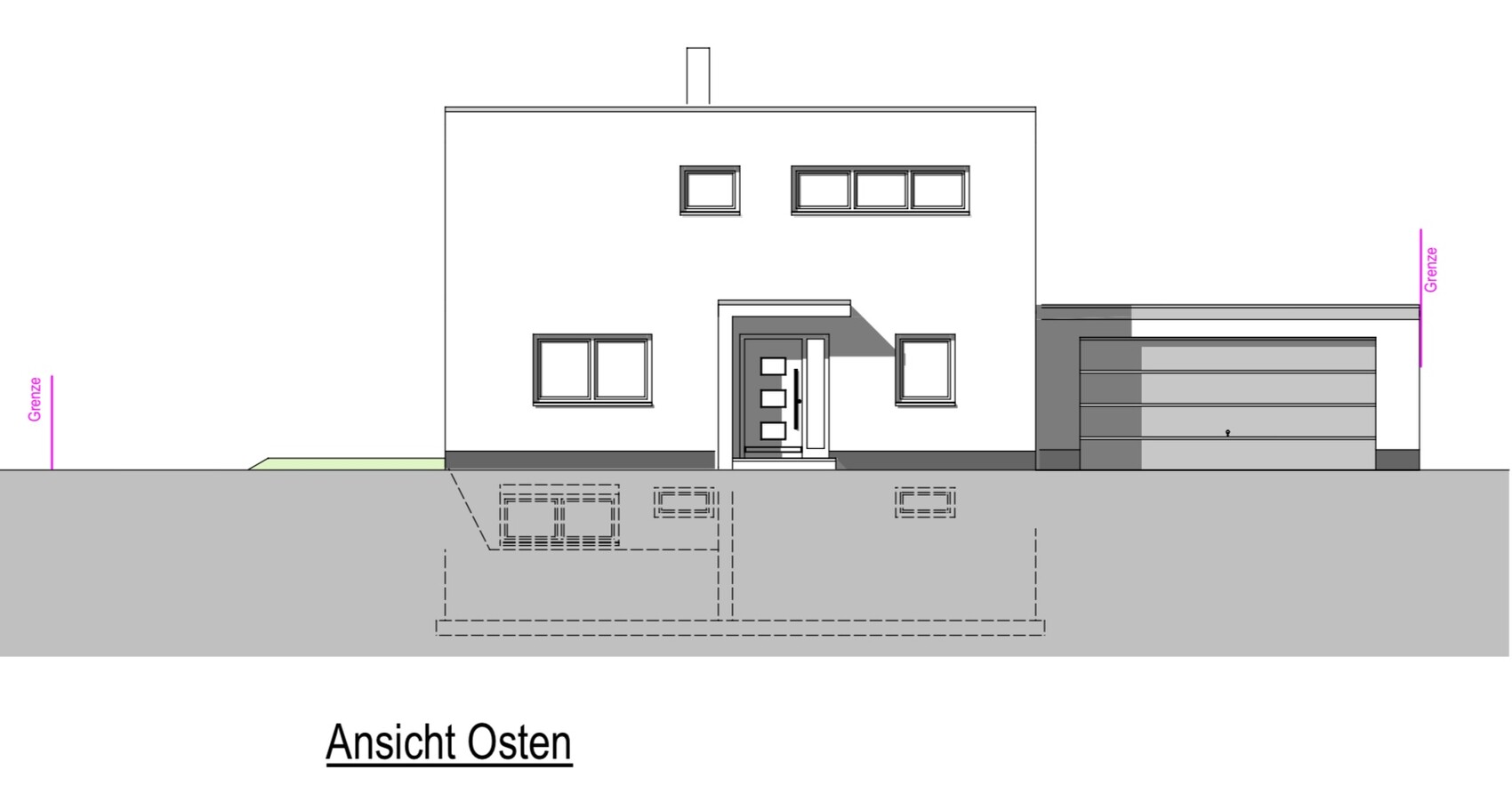 East view: modern two-story house with entrance door, windows and garage on the right.
