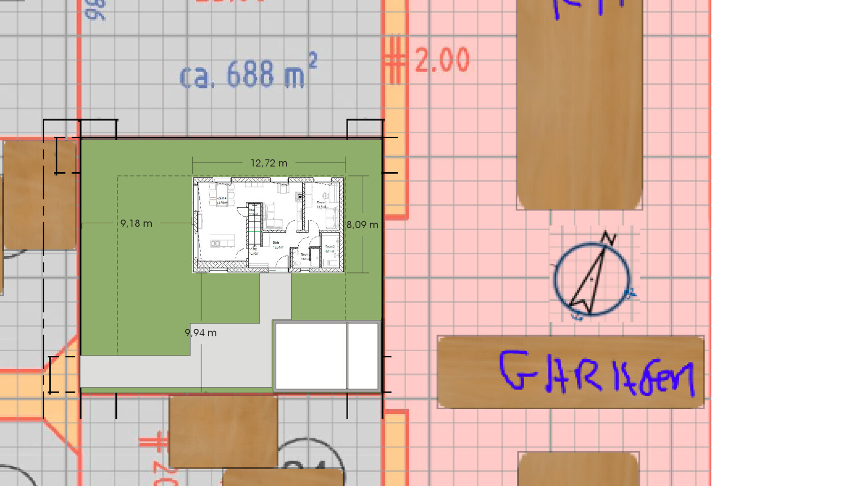 Top-down floor plan of a house on a plot with a garden