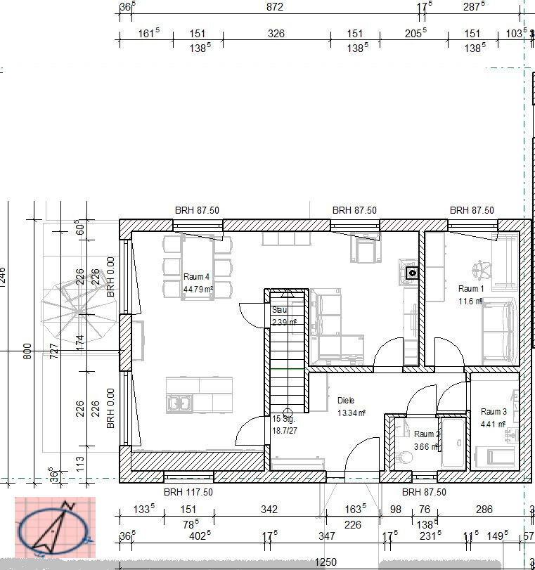 Floor plan of a residential house: rooms 1–4, hallway, staircase, kitchen, with dimensions.