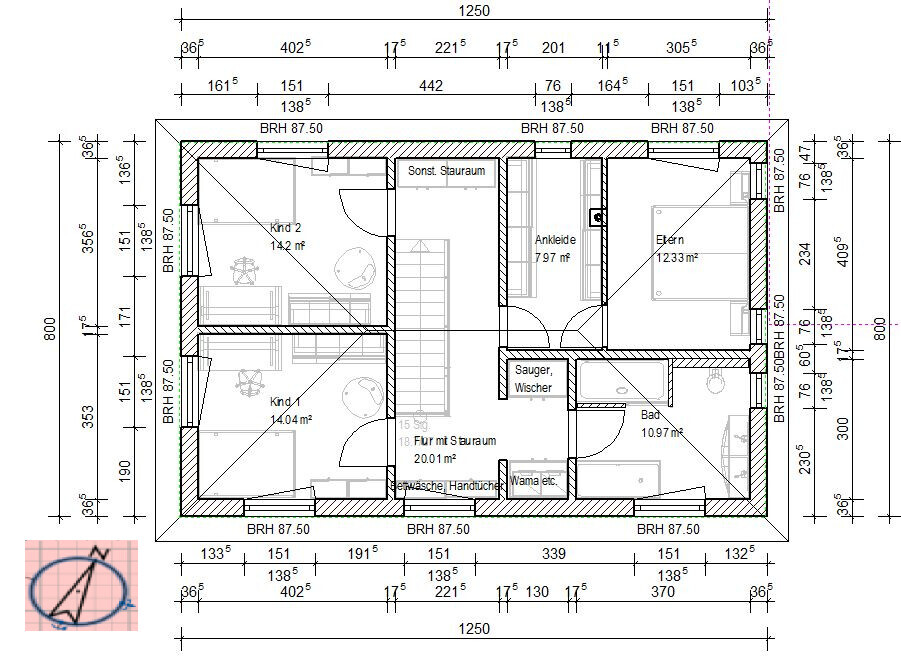 Floor plan of a single-family house with master and children’s bedrooms, bathroom, walk-in closet, and corridor.