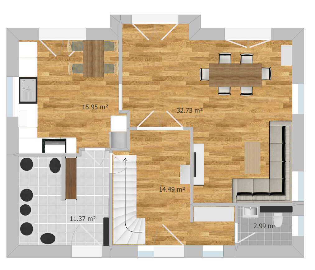 Floor plan of an open living and dining area with kitchen, dining table, sofa, staircase, bathroom.