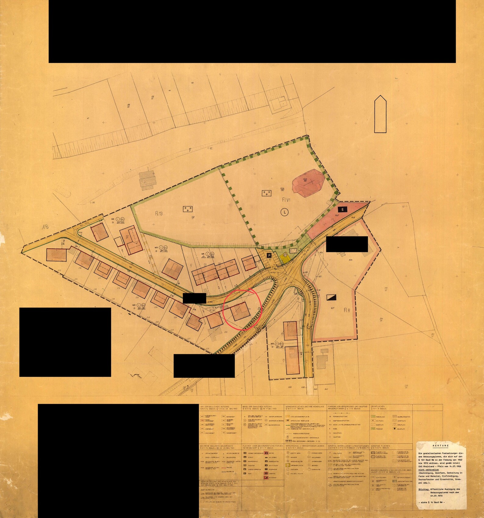 Site plan of a building area with property boundaries, buildings, and road connections, red circle marking