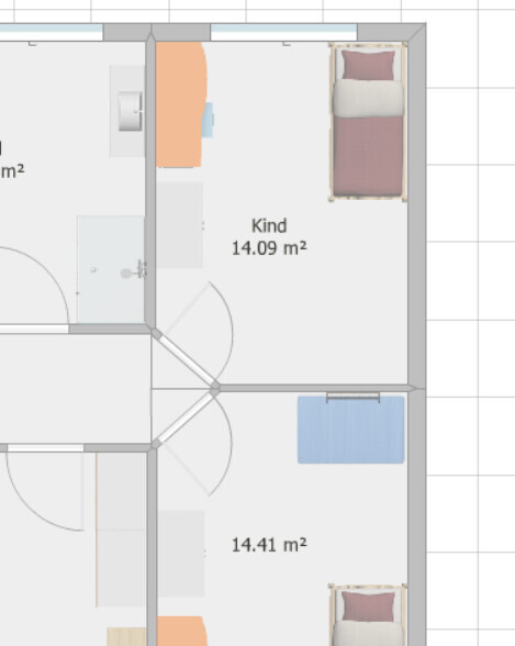 Floor plan of a house with two children's rooms (each about 14 m² (150 sq ft)) and beds.
