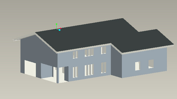3D-Hausmodell mit Flachdach, grauer Fassade und Fensterfronten.
